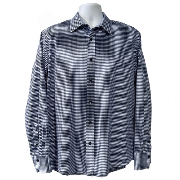 QUIETI Men’s Dress Shirt L |Blue & White Houndstooth| 100% Cotton |Made in Korea - Picture 1 of 10